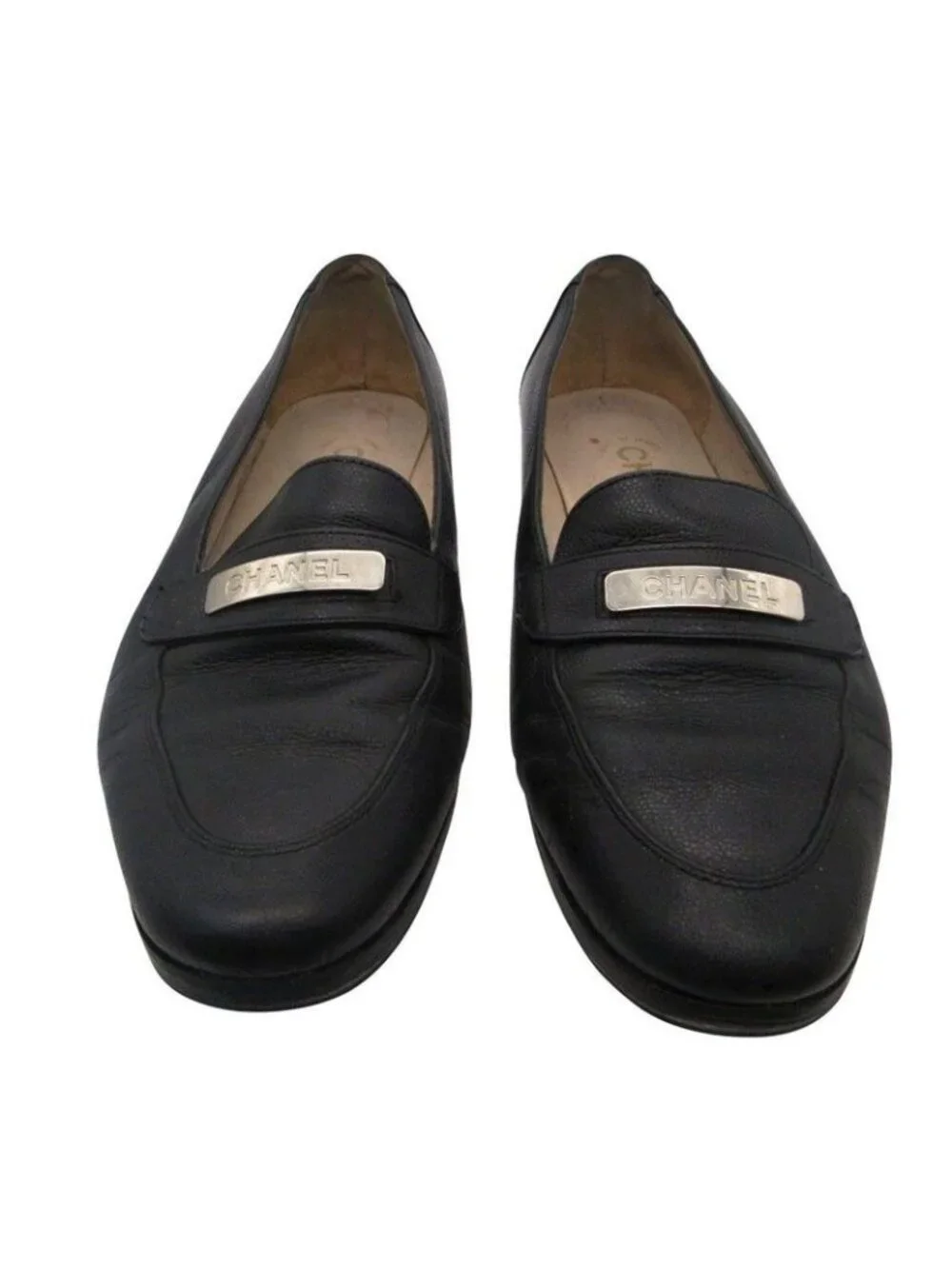 Chanel Vintage Metal Logo Plate Loafers Shoes Caviar Leather 37.5 - Picture 4 of 8